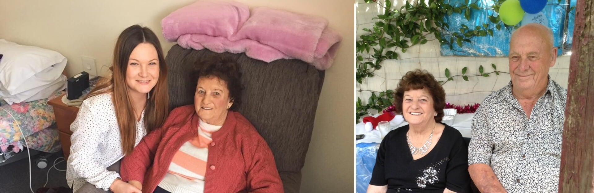 Two photos: one of a woman and her elderly mother smiling together, and another of the mother with a man at a celebration.