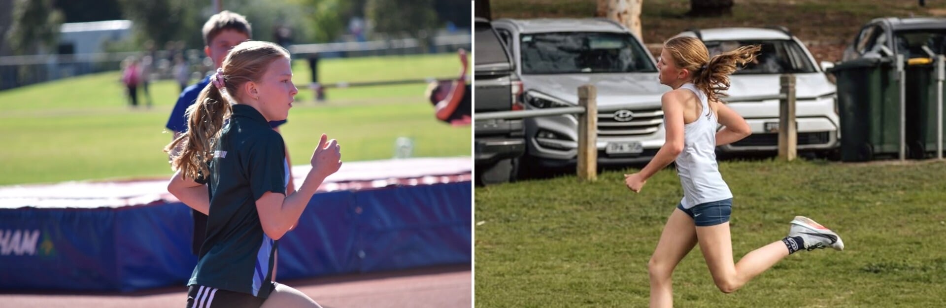 Two girls running in different settings: one on a track, the other on grass, both focused on their activity.