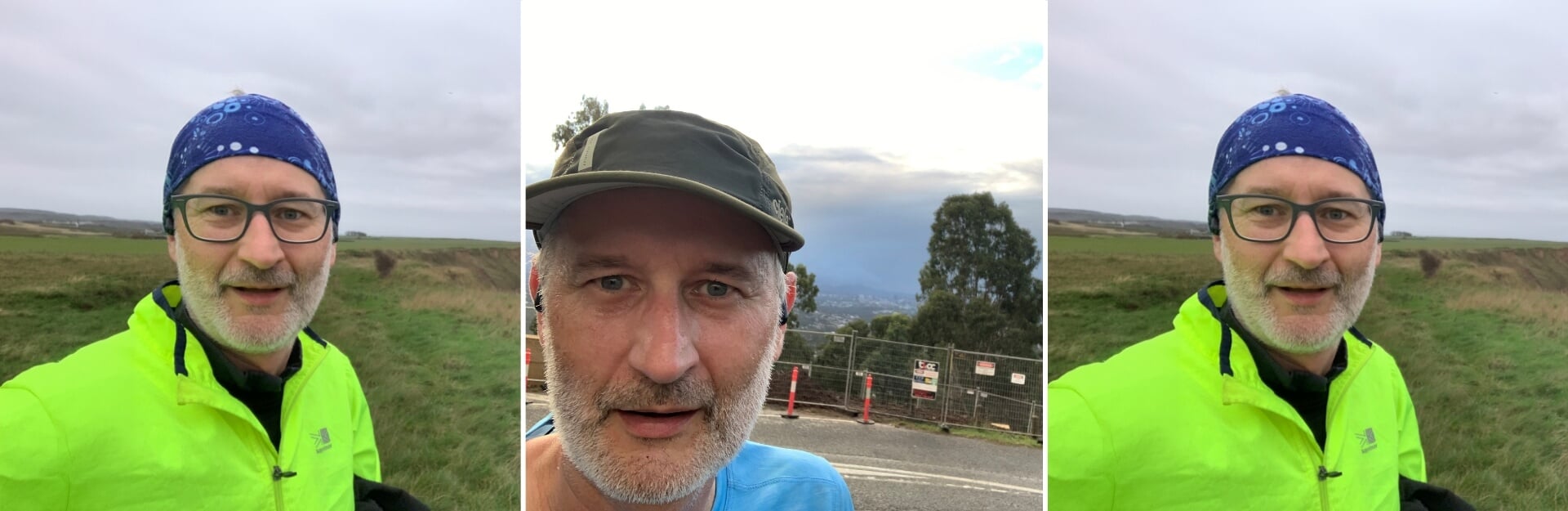 Three selfies of a man with a beard, wearing a bright yellow jacket and a blue bandana, against outdoor backgrounds.