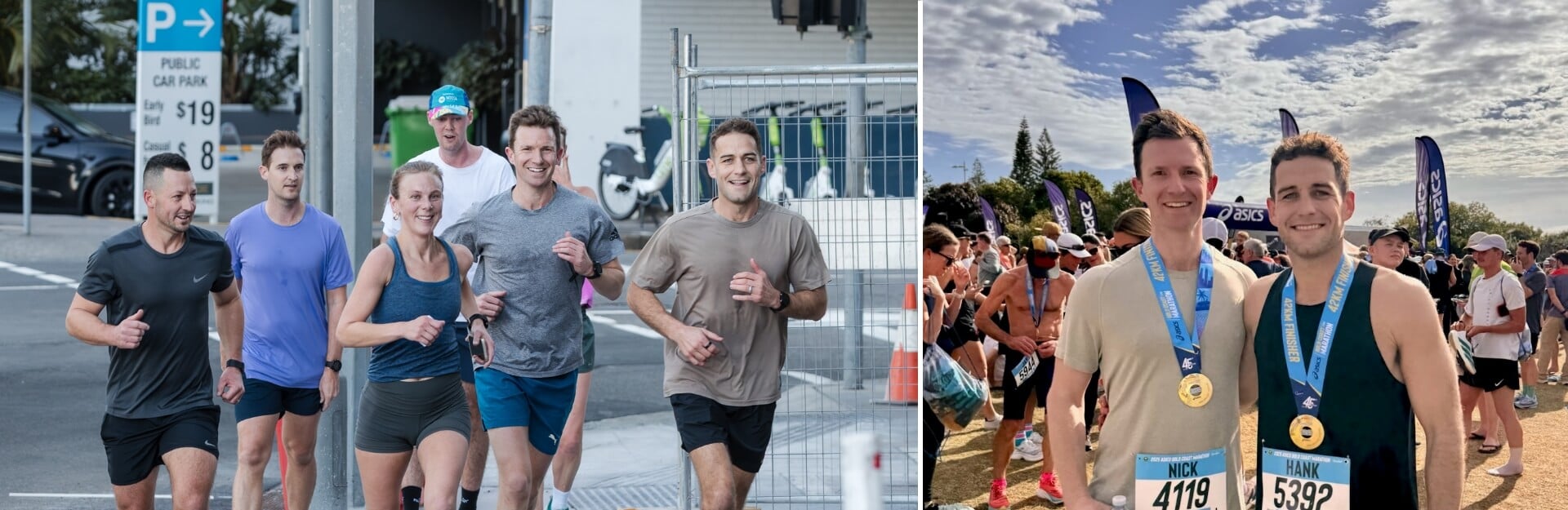 Group of runners in athletic gear jogging outdoors; two men holding medals at a marathon finish line celebration.
