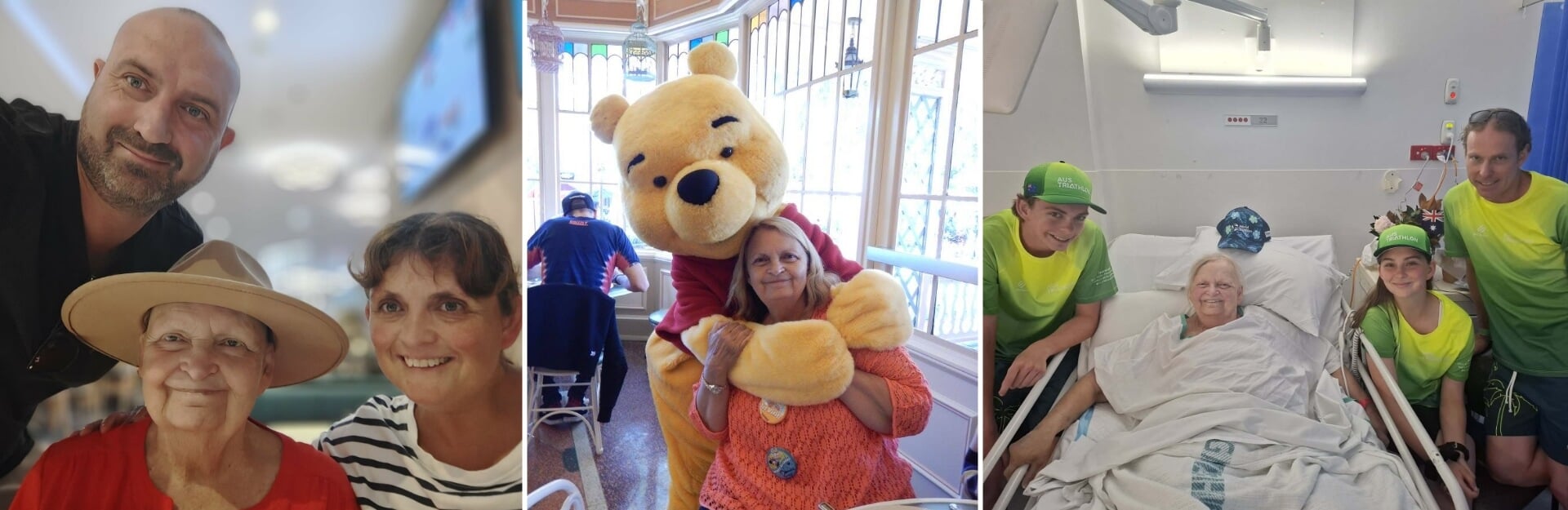 A collage of four photos: family selfies, a woman with Winnie the Pooh, and a hospital scene with a patient and relatives.
