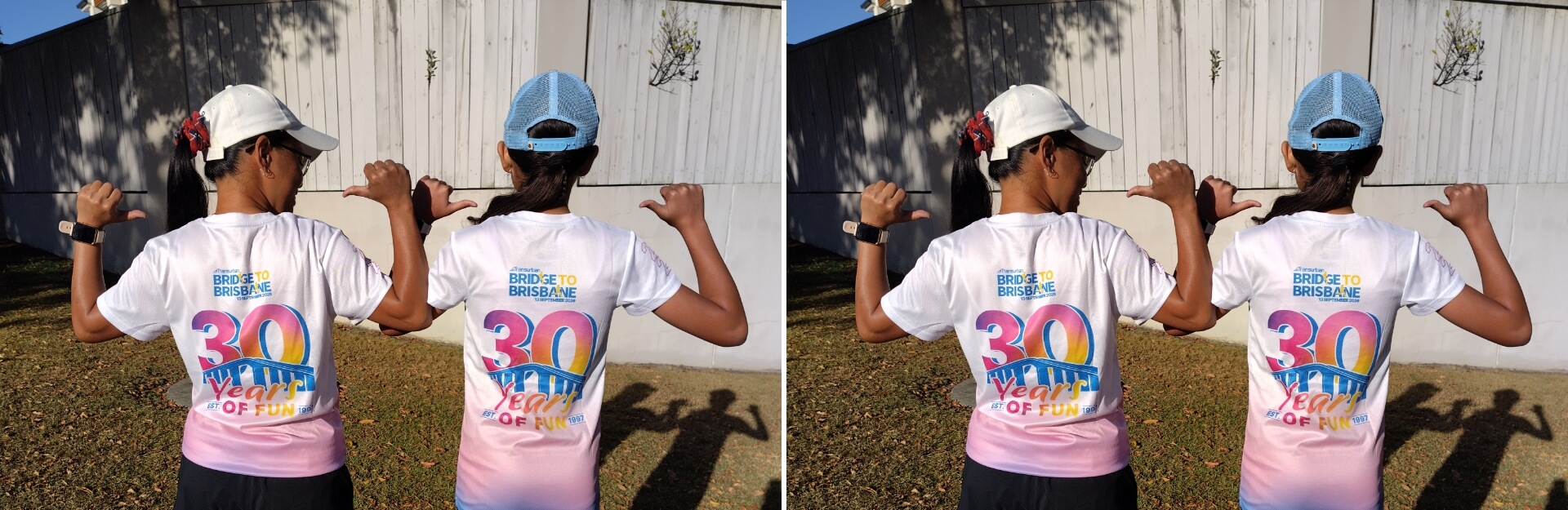Two individuals stand back to back, wearing matching white shirts that say "30 Years of Fun" and "Bridge to Brisbane."
