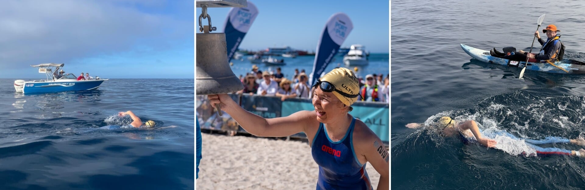 A swimmer in a yellow cap swims near a boat, a bell is rung by a participant, and a kayaker supports another swimmer.